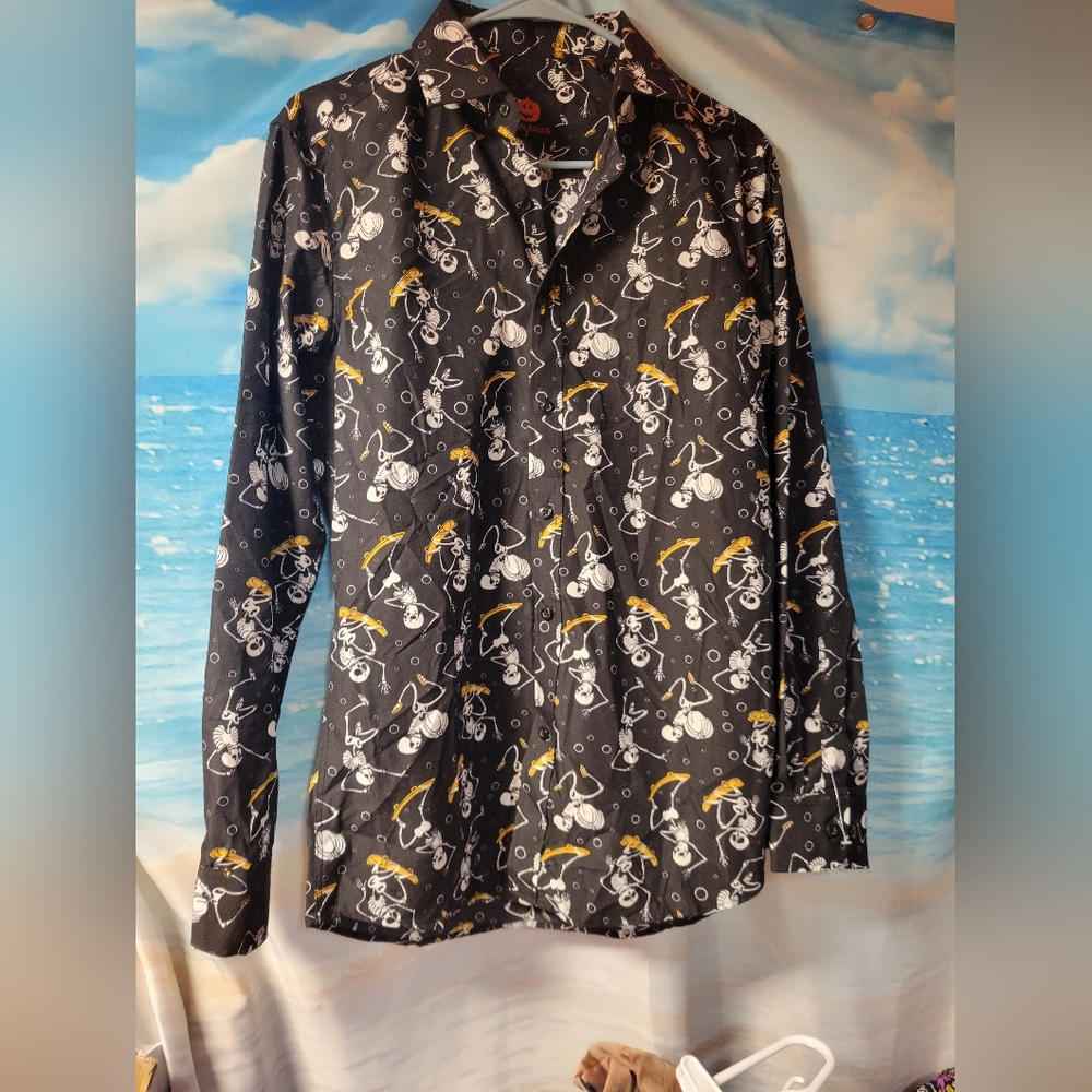 Simon Banks NWOT Mens Halloween Skeleton Long Sleeve Button Down Shirt Size Smal
